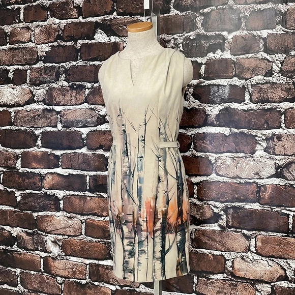 Lavand Dress Sheath Tan Sleeveless Tree Print Watercolor Size Medium - Picture 5 of 16
